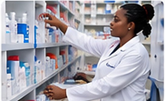 An Excellia pharmacist at the dispensary shelves